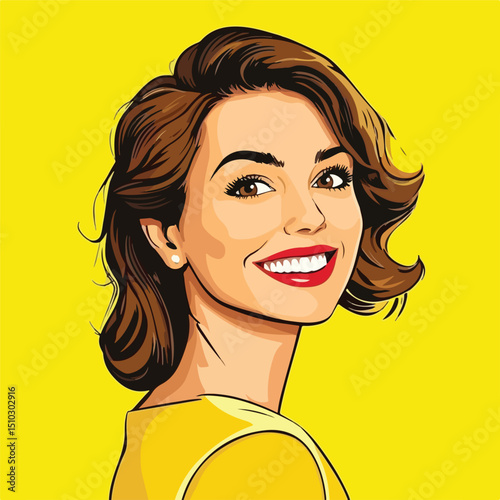 Professional Pop Art Portrait of Young Woman Smiling with Brown Hair Cartoon Character Design