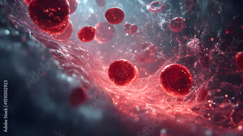 Blood Flow: A microscopic view of blood cells coursing through veins, highlighting the intricacies of life. This image is a striking portrayal of internal body mechanics.