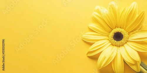 Close-up of vibrant yellow gerbera daisy on matching yellow background. Minimalist floral composition with copy space. Bright, sunny mood. Perfect for nature, wellness, or beauty themes. Banner