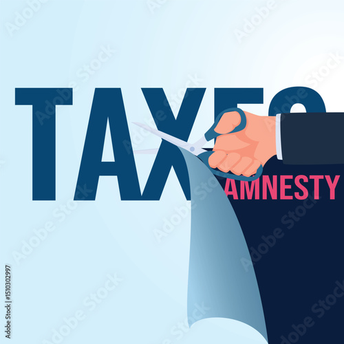 A man pulls out a cut out tax sign that looks like amnesty. A metaphorical illustration for tax amnesty, business tax cuts and discounts.