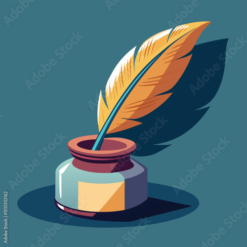 Traditional open inkwell with feather quill pen