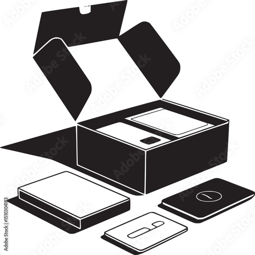 Open black box with contents and additional items on white background