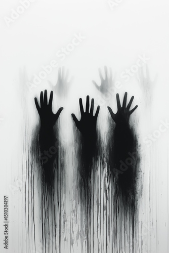 Silhouettes of hands reaching up behind foggy glass with dark dripping streaks creating eerie atmosphere.