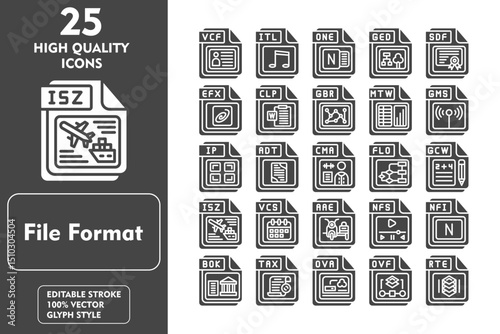File Format Glyph Icon Set. Incleded Icons VCF, ITL, ONE, GED, SDF, EFX, CLP, GBR, MTW. Vector Icons Collection