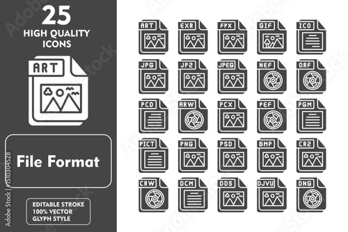 File Format Glyph Icon Set. Incleded Icons ART, EXR, FPX, GIF, ICO, JPG, JP2. Vector Icons Collection