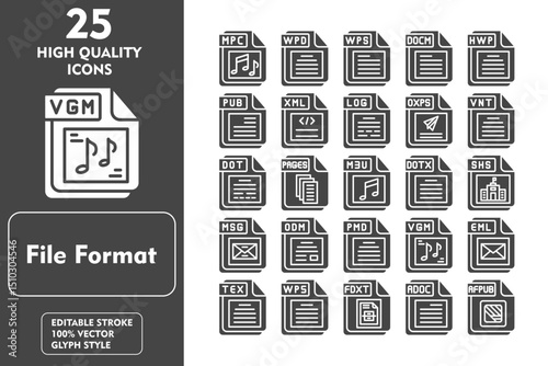File Format Glyph Icon Set. Incleded Icons MPC, WPD, WPS, DOCM, HWP, PUB, XML. Vector Icons Collection