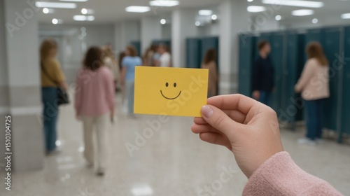 A cheerful hand holds a yellow card with a smiley face in a school hallway, symbolizing positivity and kindness among students in a bustling environment.