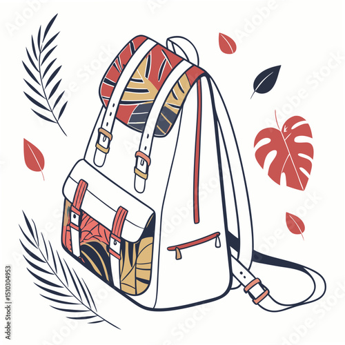 Artistic vector illustration of a stylish backpack with foliage elements on a white background