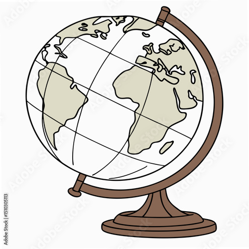 Cartoon illustration of a detailed globe on a brown stand depicting world geography suitable for education
