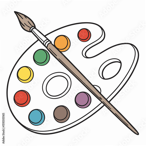Cartoon paint palette with brush artistic tools for artists and creatives in illustration on white