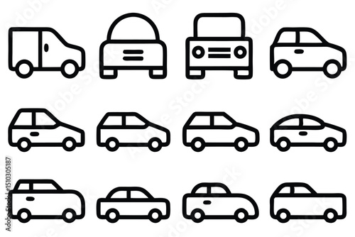 Vector set of various automobile vehicle icons for transportation and graphic design purposes