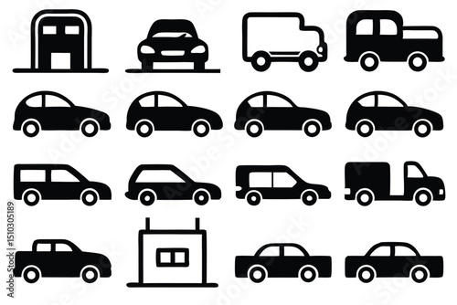 Collection of minimalist black and white car vehicle icons for transportation and automotive design