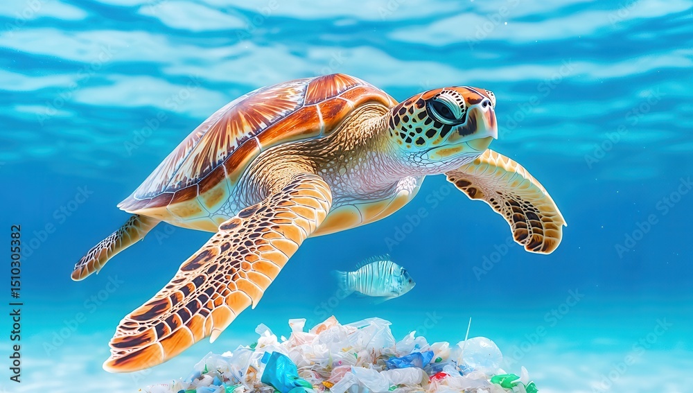 Fototapeta premium Sea turtle swims gracefully over a pile of plastic waste, symbolizing ocean pollution.