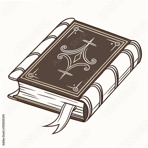 Decorative closed book illustration with ornate cover design and bookmark ideal for literary or fantasy themes.