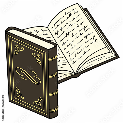 Detailed illustration of two antique books with ornate covers open to reveal handwritten pages