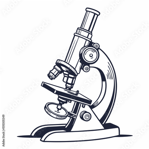 Detailed ink illustration of a classic microscope for science and research experiments study with shadows.
