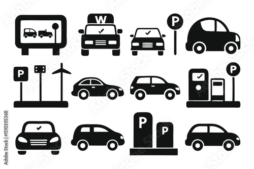 Collection of black and white vector car icons for transportation and parking concepts