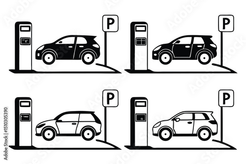 Vector illustration of a parking area with cars next to payment machines and parking signs.
