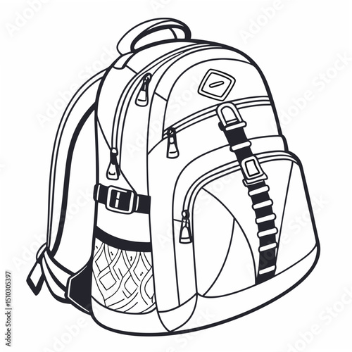 Detailed outlined illustration of a backpack design featuring multiple pockets and straps suitable for education or travel
