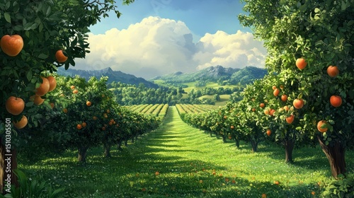 Lush orange orchard rows in scenic valley landscape under a bright sky.