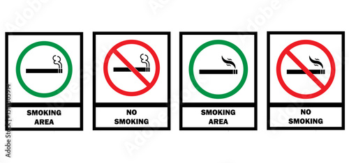 No smoking area and smoking area sign in green and red. No smoking. ban symbol. No smoking symbol. No smoke circle in red. forbidden icon. stop symbol icon set.
