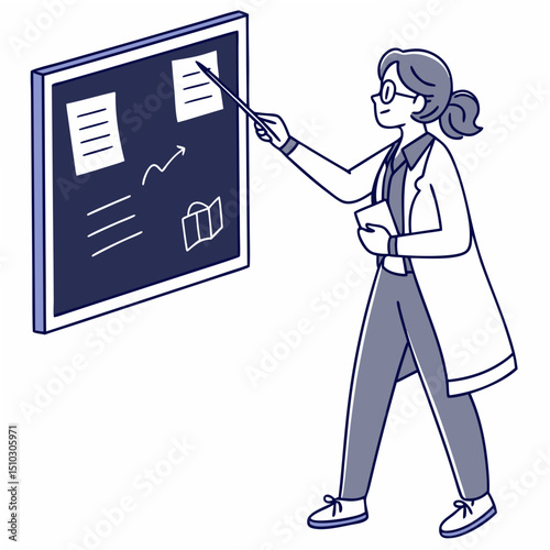 Female scientist giving presentation explaining research findings on a transparent background