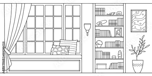 Bay window graphic black white interior sketch illustration vector 