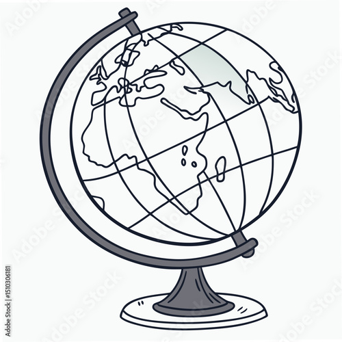 Hand drawn illustration of a globe showing world map on a stand suitable for geography educational themes.
