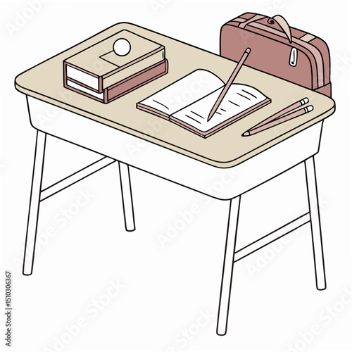 Illustrated school desk with books pencils and bag on a transparent background suitable for education themed projects