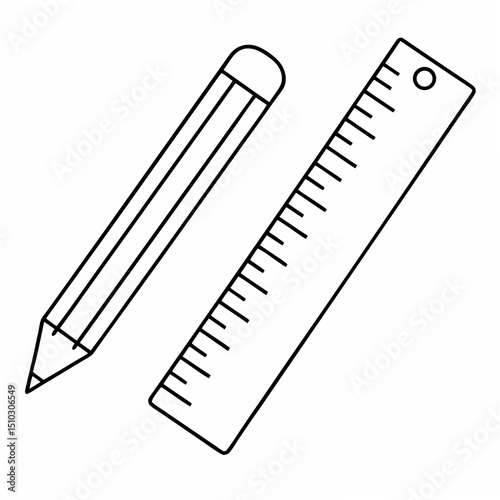 Minimalist black and white illustration of a pencil and ruler isolated on a white background for creative design projects.