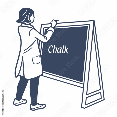 Silhouette of a person writing the word chalk on a blackboard illustration on a white background.