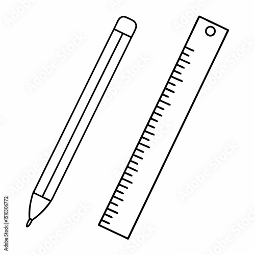 Simple black outline vector illustration of pencil and ruler suitable for educational design and creative projects