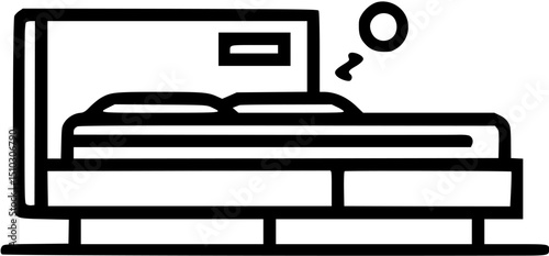 A bed with pillows and a headboard accompanied by a sleep bubble