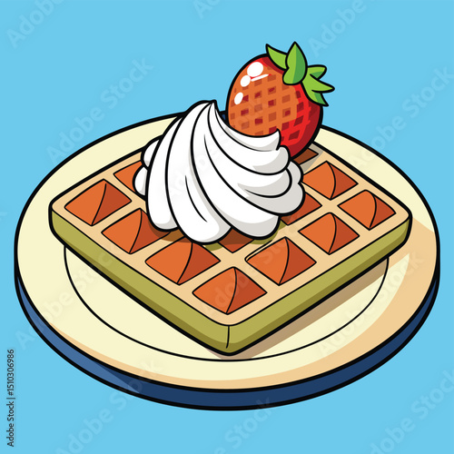 Belgian waffles with whipped cream and sliced strawberries