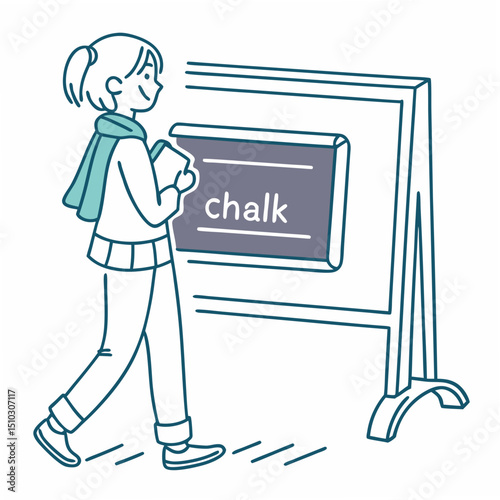 Vector illustration of a person with a chalkboard displaying the word chalk in a modern educational setting