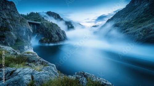Misty mountain valley with a dam.