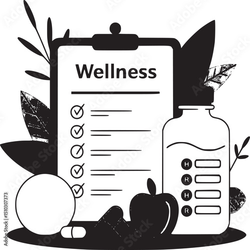 Wellness checklist with fruit, pills, and water bottle illustration