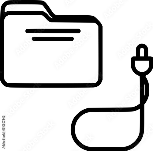 A minimalist line art image of a folder icon with horizontal lines and an electrical plug