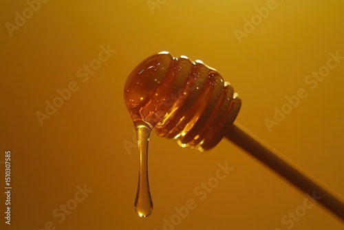 Close-up of honey dripping from a wooden dipper against a warm golden background