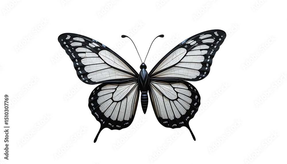 Obraz premium Paper kite butterfly soaring, delicate black-and-white wings, transparent background.