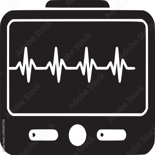Black and white illustration of a heart monitor displaying heartbeat