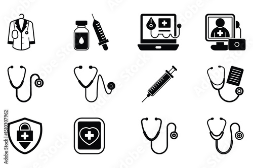Healthcare and Medical Icons, Stethoscope, heart rate, vaccine, telemedicine, Outline 