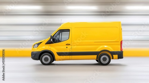 A dynamic side view of a yellow delivery van in motion, showcasing speed and efficiency on the road