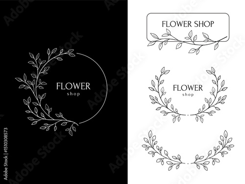 Collection of floral frames with silhouettes of branches, leaves and flowers. Hand drawn elegant delicate botanical borders and wreaths. Vector isolated elements for wedding invitation, card, logo