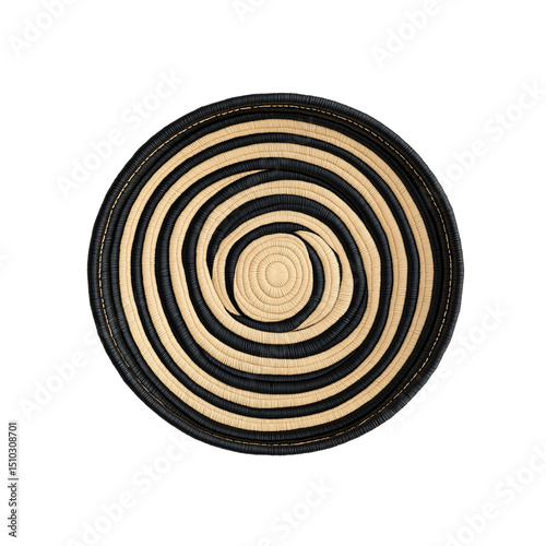Round Woven Basket with Black and Ivory Dual Color Pattern, Elevated View