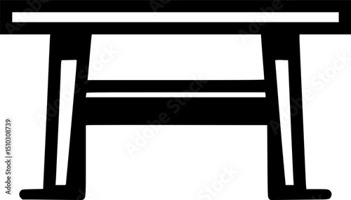 Black  white graphic of a table with a rectangular top  a shelf between the legs