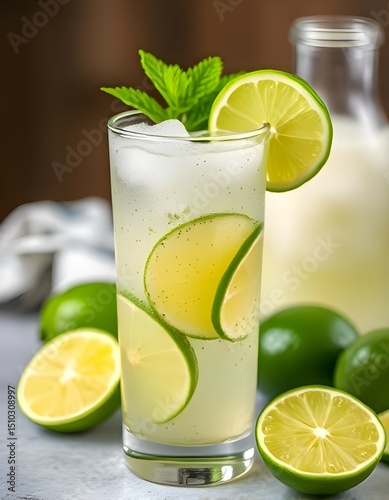 Chia seed coconut lime refresher with lime wedges, chilled in a see-through tall glass