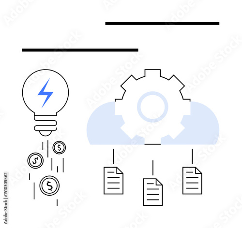 Lightbulb with coins symbolizing energy savings, gear with cloud for technology and automation, and files for document organization. Ideal for innovation, technology, sustainability, automation