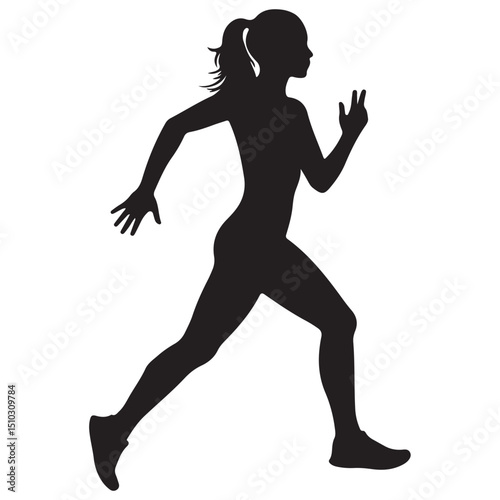 Stylish Black and White Female Running Silhouette in Athletic Motion for Personal Training Logos, Workout Posters