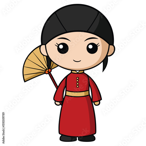 Chinese woman in cheongsam holding fan with traditional grace